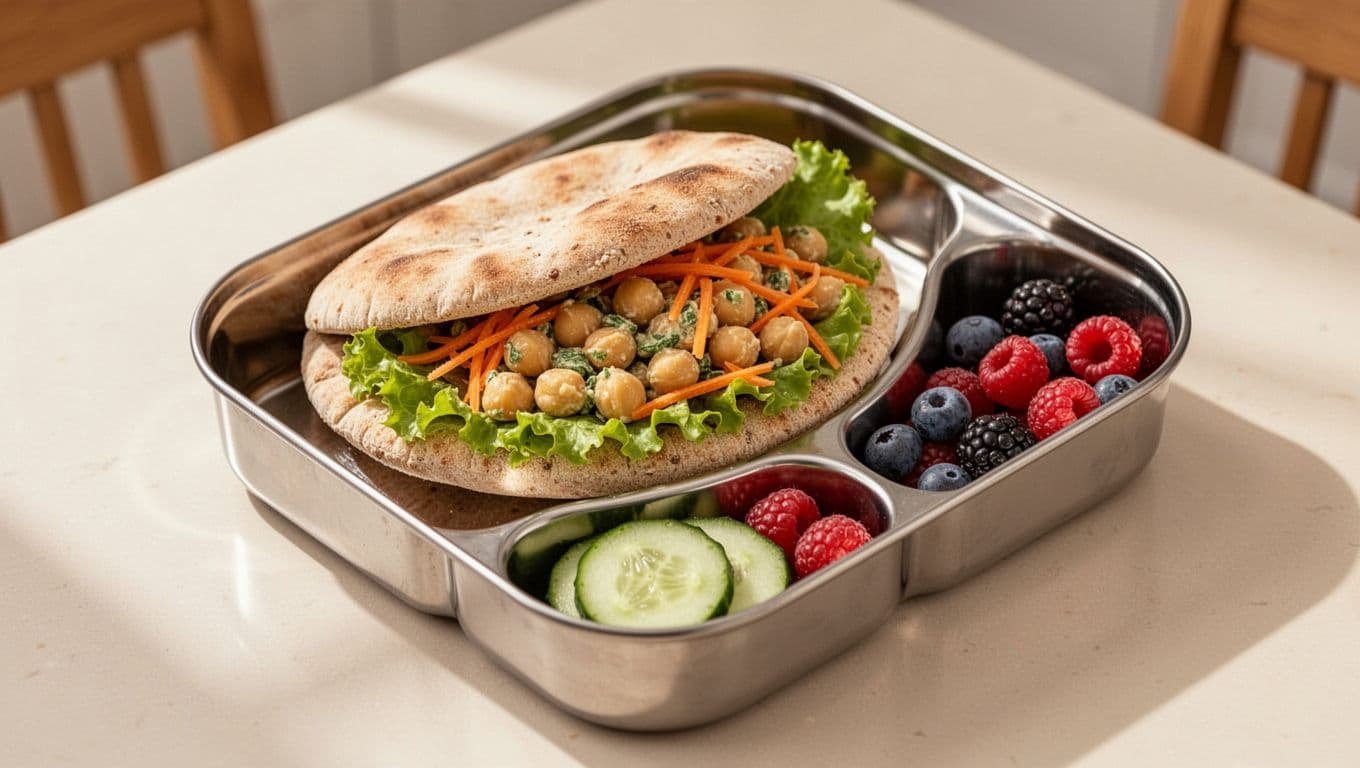 A chickpea salad pita with lettuce, carrots, cucumber, and berries in a lunch box.