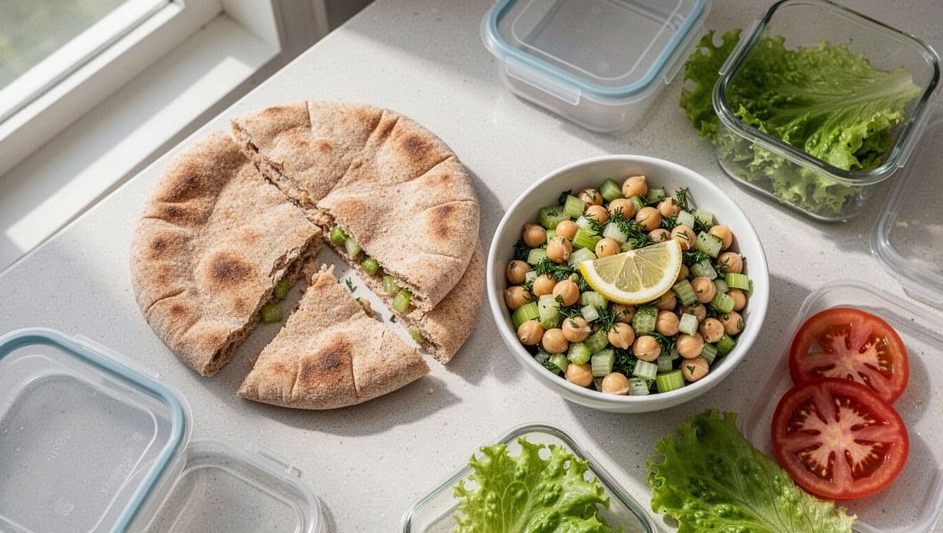 Open pita halves sit beside chickpea salad, lettuce, tomato, and meal-prep containers.