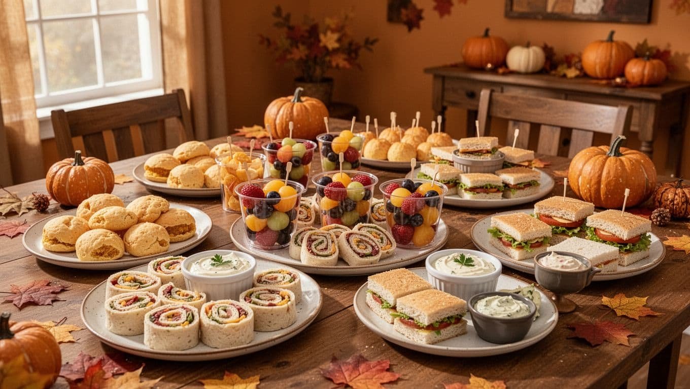Child-friendly Thanksgiving snacks and sandwiches arranged on platters in a warmly decorated dining room.
