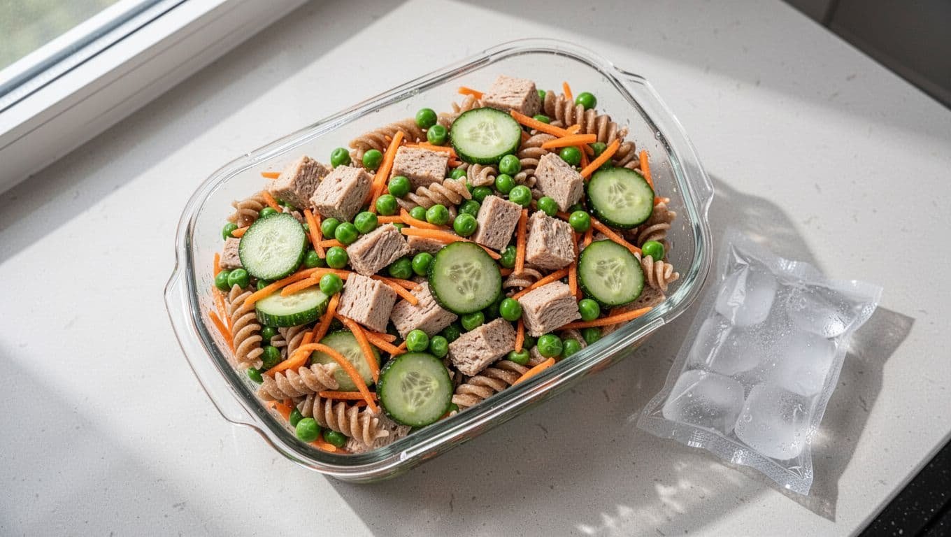 A clear container holds chilled chicken pasta salad with vegetables beside an ice pack.