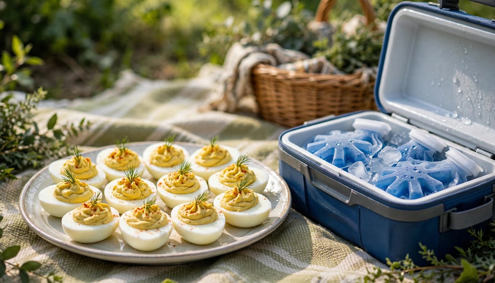 Twelve deviled egg halves sit on a platter beside ice packs in an open cooler.