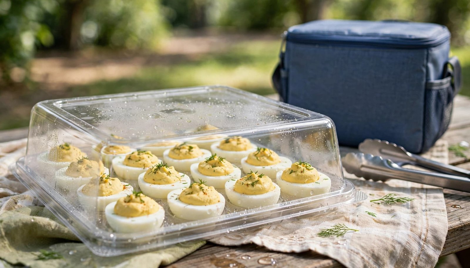 Twelve chilled deviled egg halves in a covered tray beside tongs and a cooler bag.