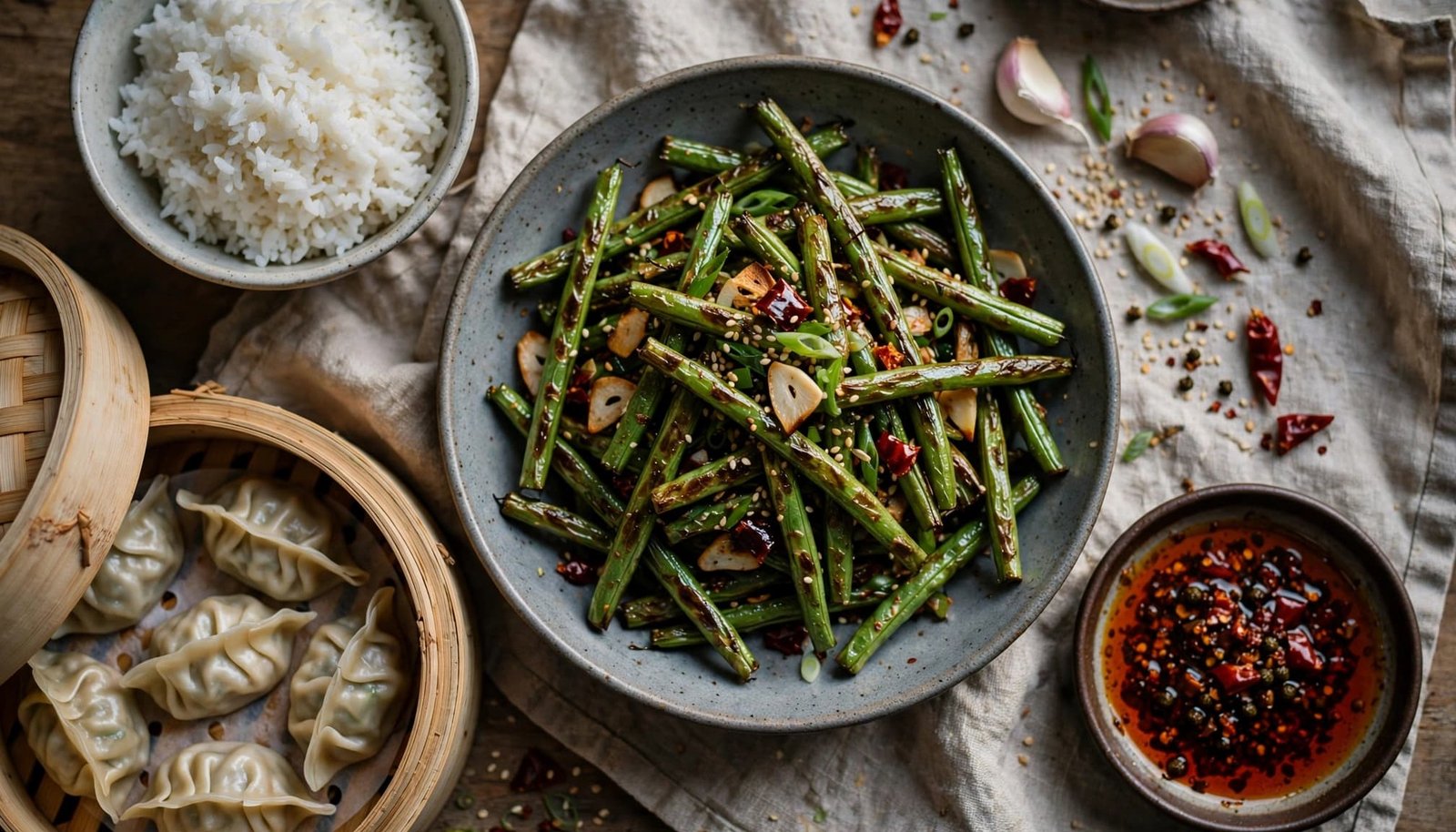 Air-fried green beans with rice, dumplings, and chili oil on a dinner table.