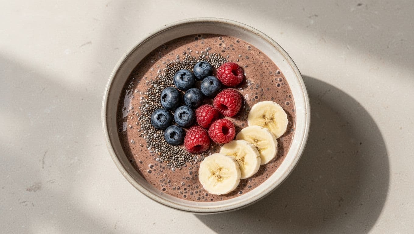 Chocolate banana shake bowl topped with berries and chia seeds beside banana slices.