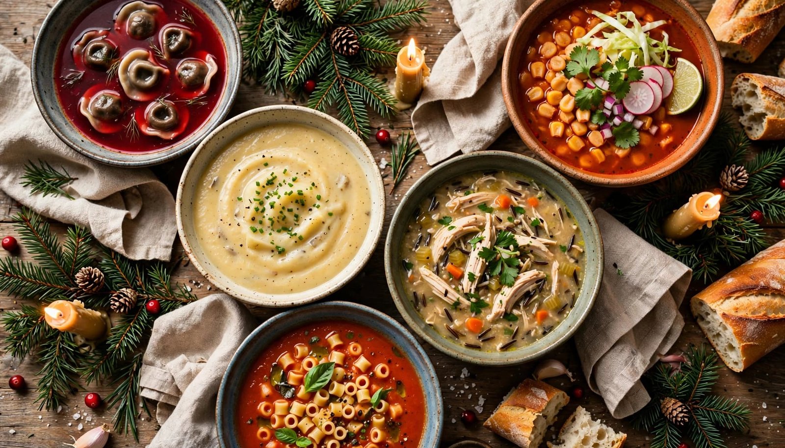 Five festive soup bowls arranged on a rustic table with bread, candles, and evergreen sprigs.