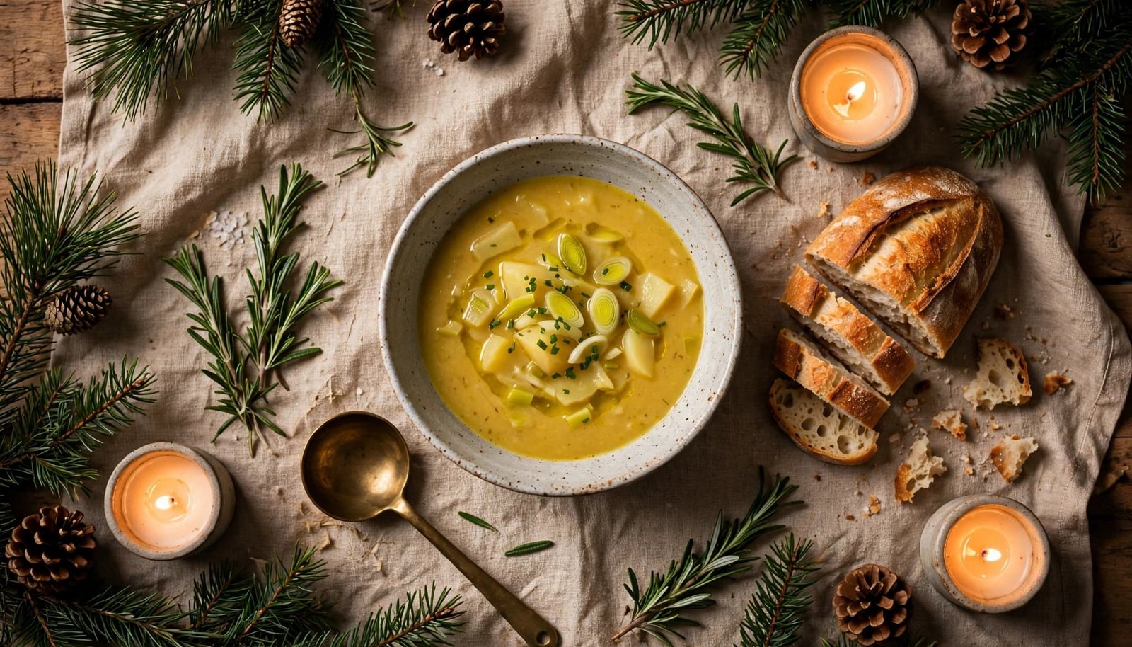 A bowl of potato leek soup with bread, rosemary, pine, and candlelight.