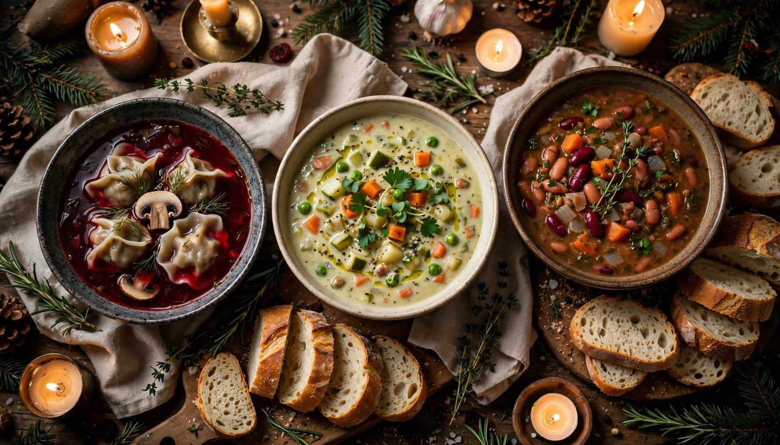 Three bowls of soup with bread, herbs, napkins, and evergreen branches on a rustic table.