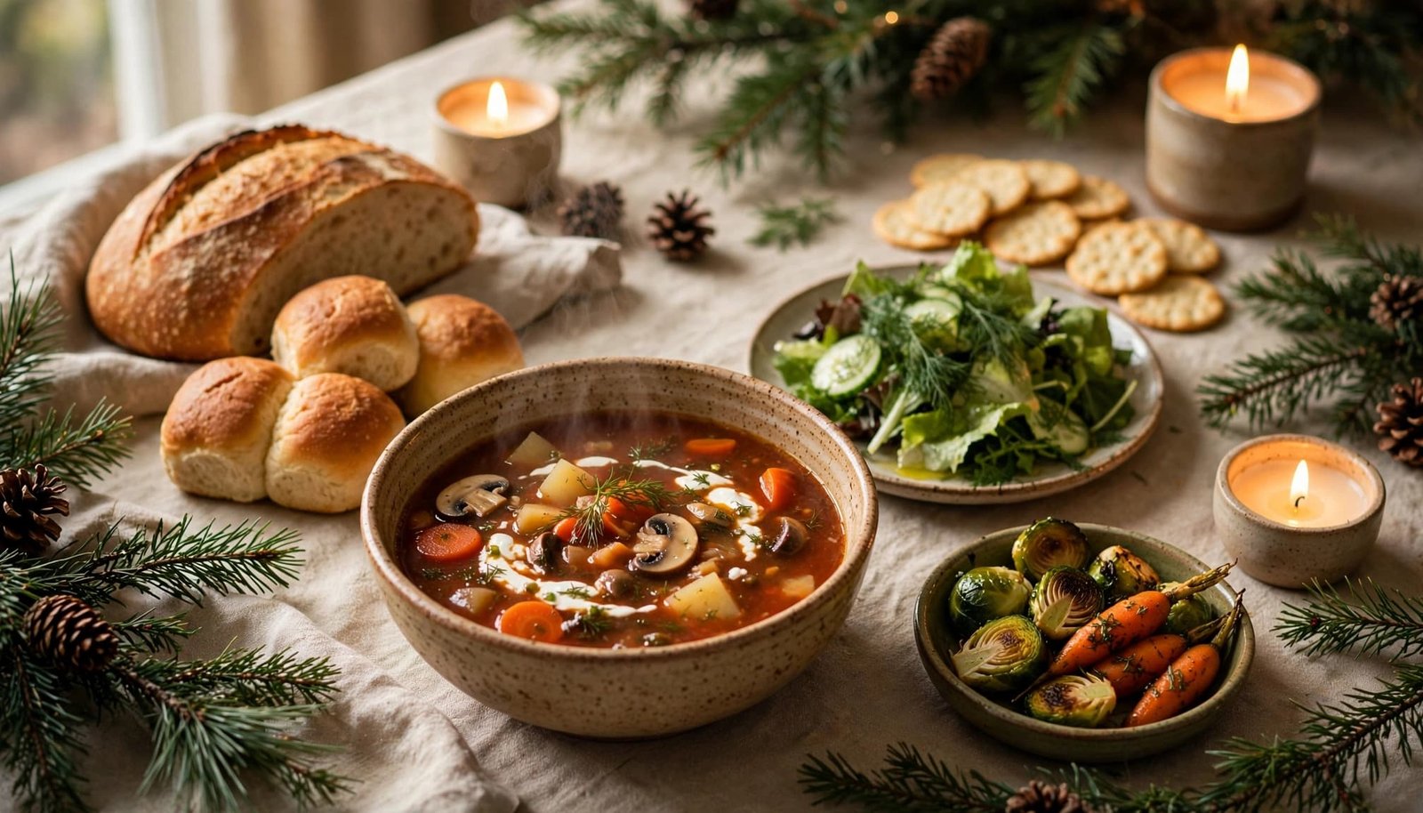 Christmas Eve soup surrounded by bread, salad, vegetables, candles, and evergreen branches.