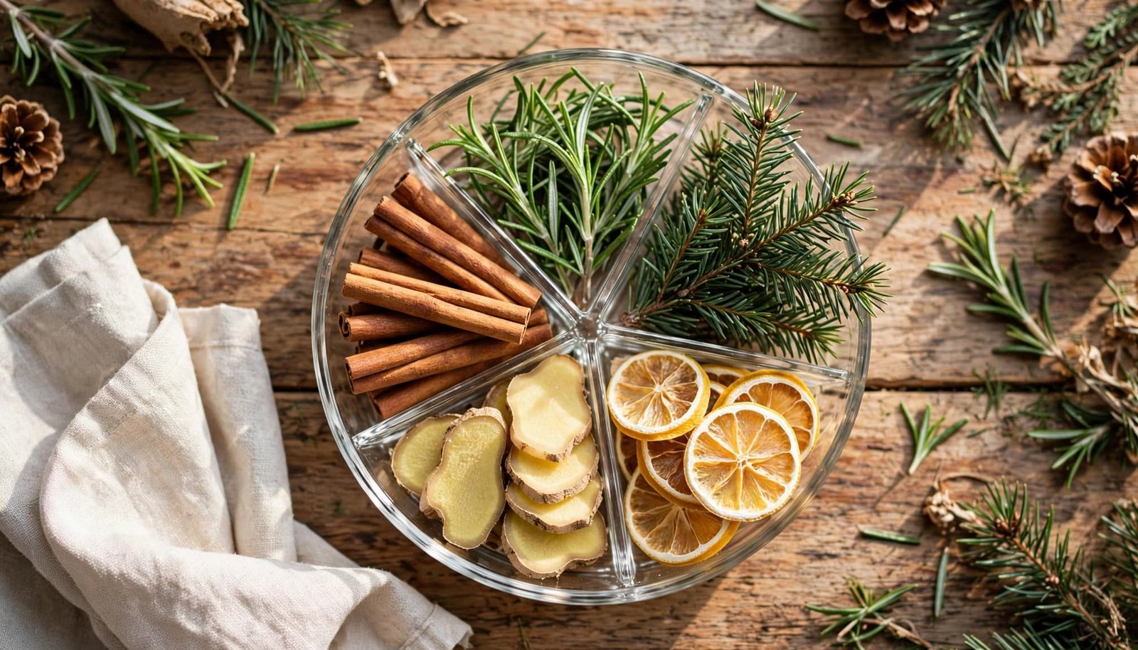 A glass bowl holds separated rosemary, pine, ginger, lemon, and cinnamon on a rustic table.