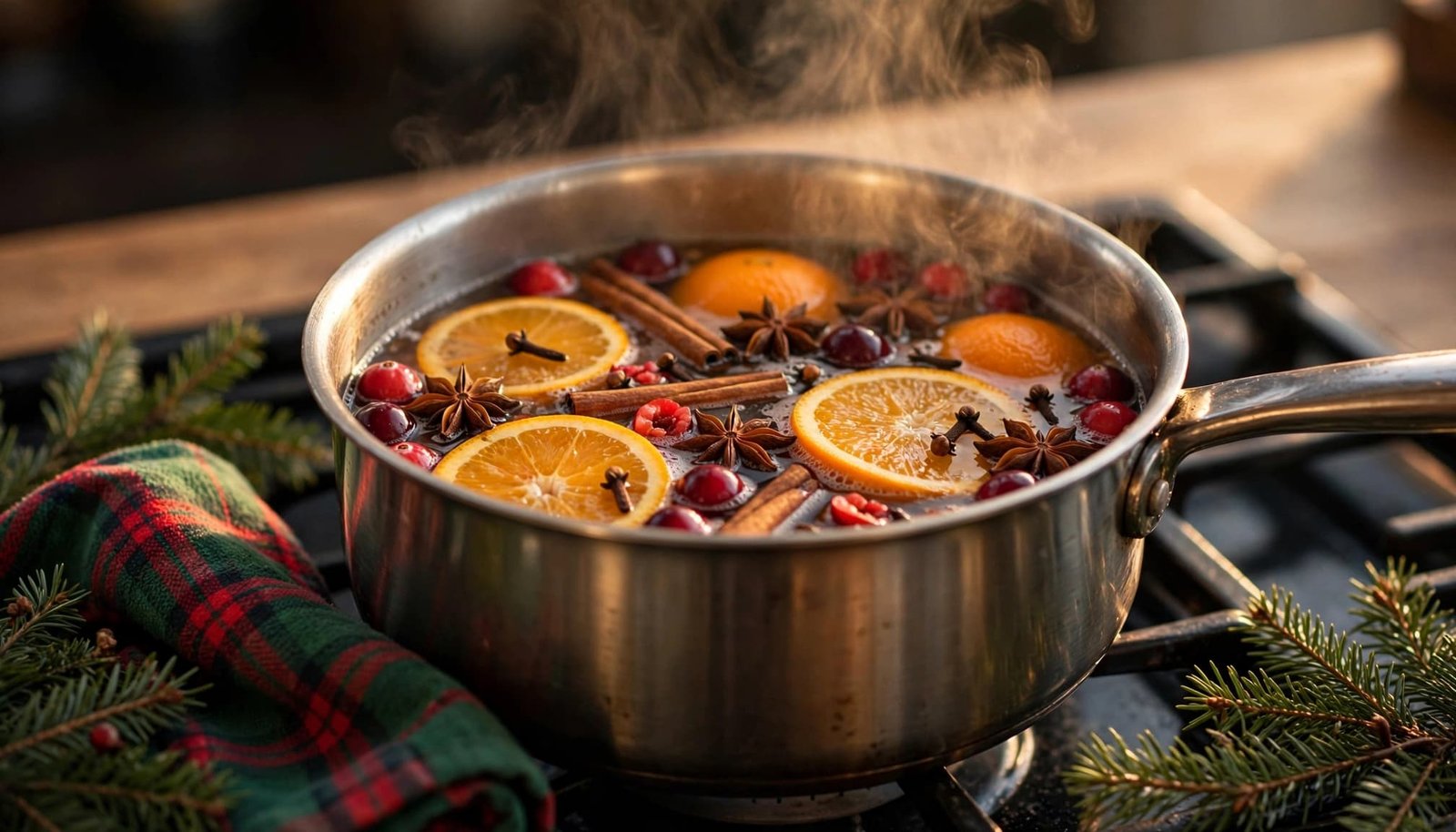Saucepan of Christmas potpourri simmering beside evergreen sprigs and a folded holiday towel.