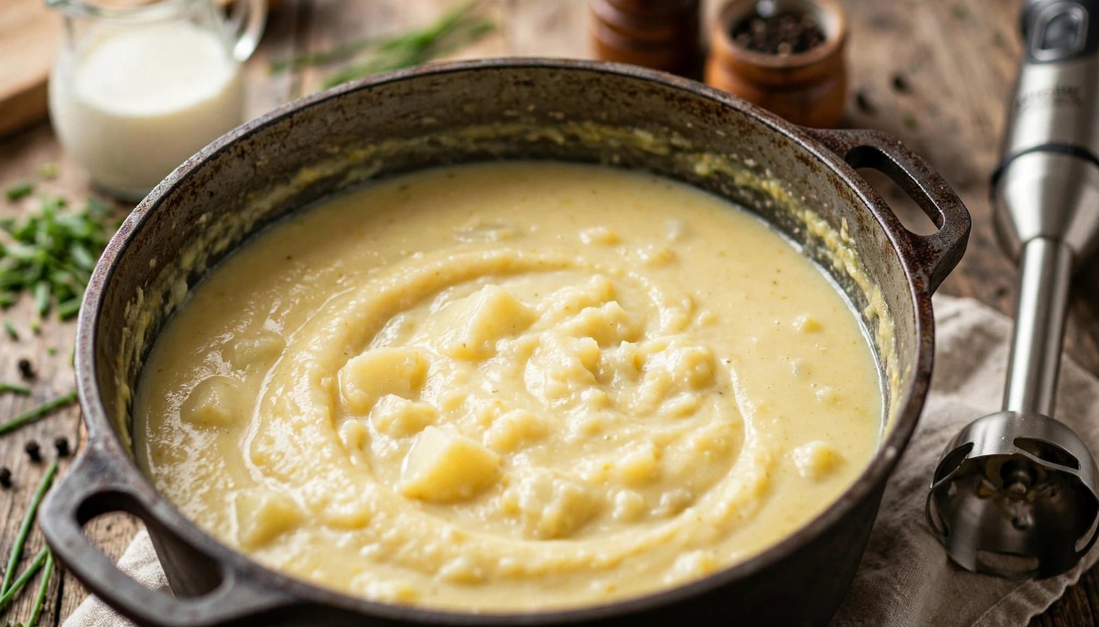 Partly blended potato soup with chunks in a rustic pot beside an immersion blender.