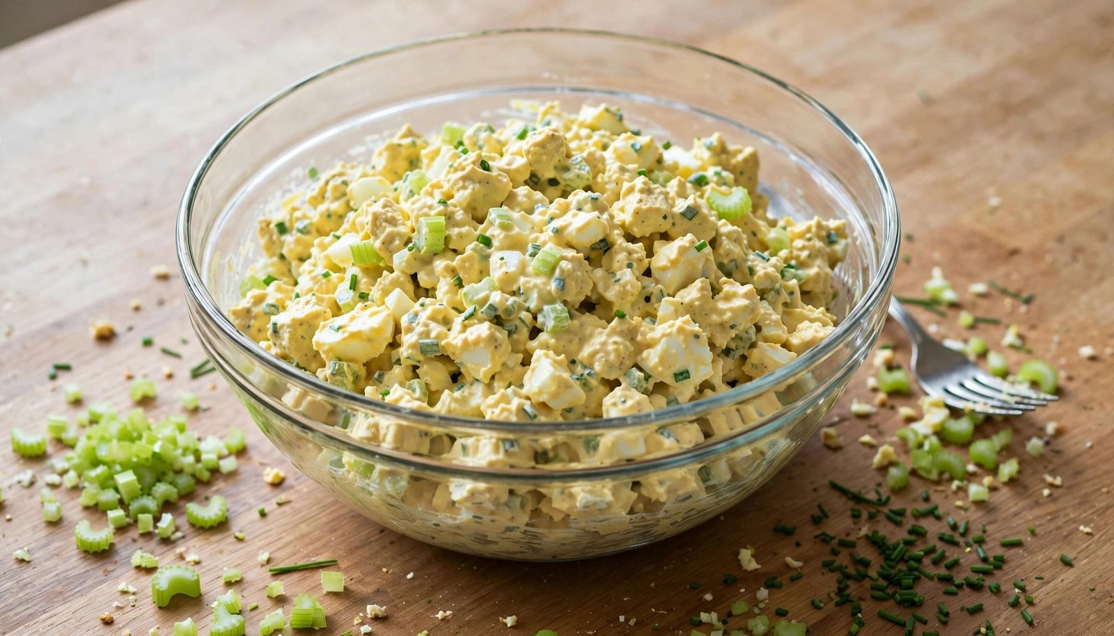 Glass bowl of chunky egg salad with celery, chives, and a fork on a wooden counter.