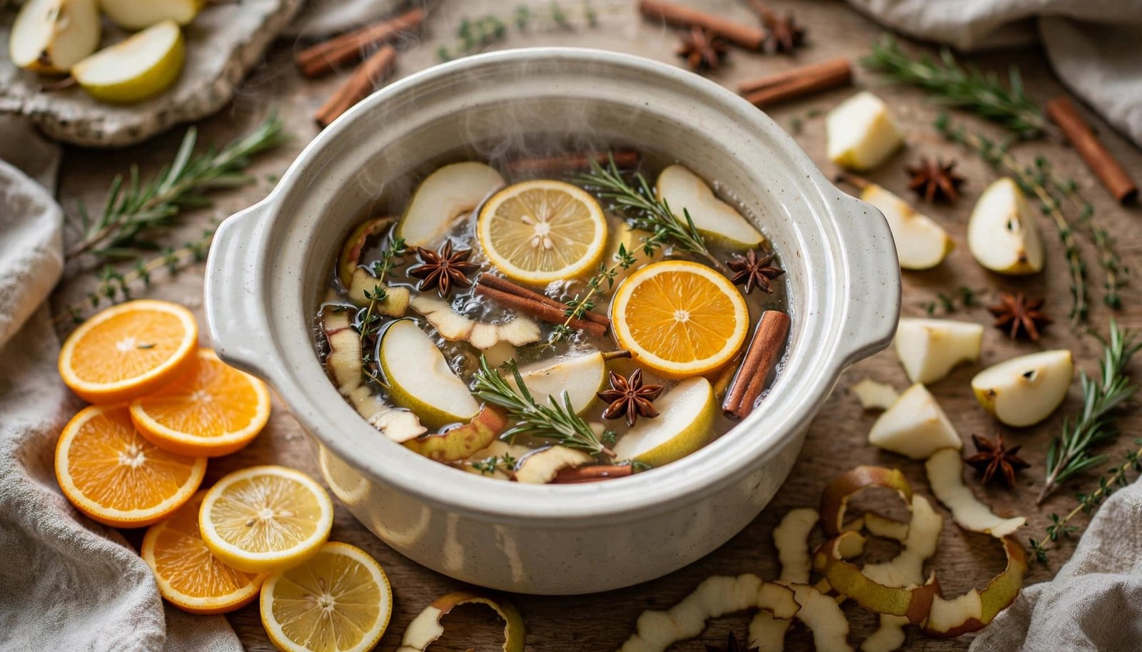 Crockpot simmering citrus, fruit, herbs, and spices in a warmly lit kitchen.