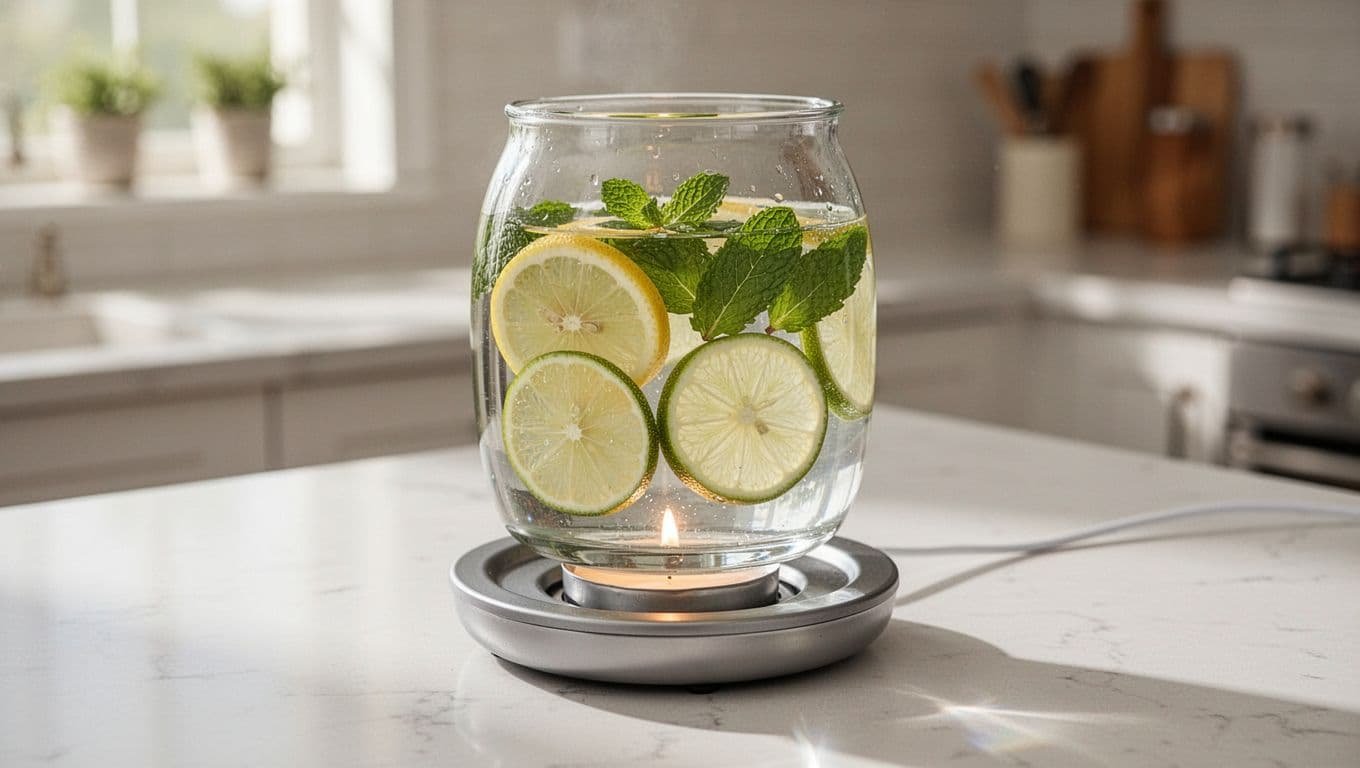 Glass vessel with lemon, lime, and mint on a candle warmer.