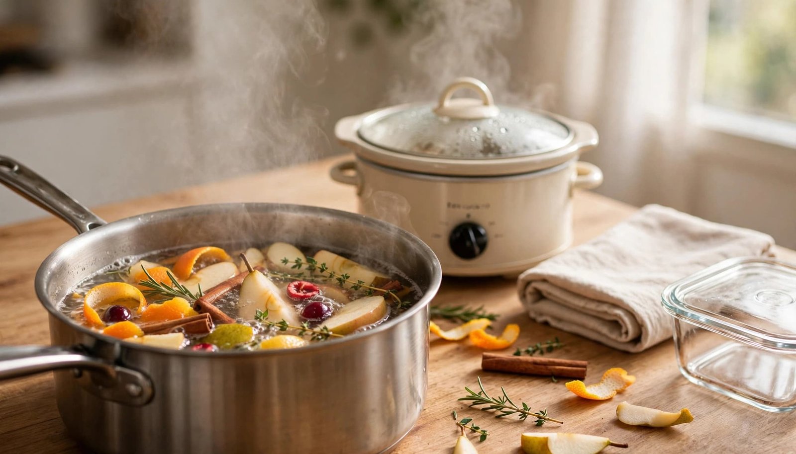 A saucepan of citrus peels and herbs sits beside a small slow cooker.