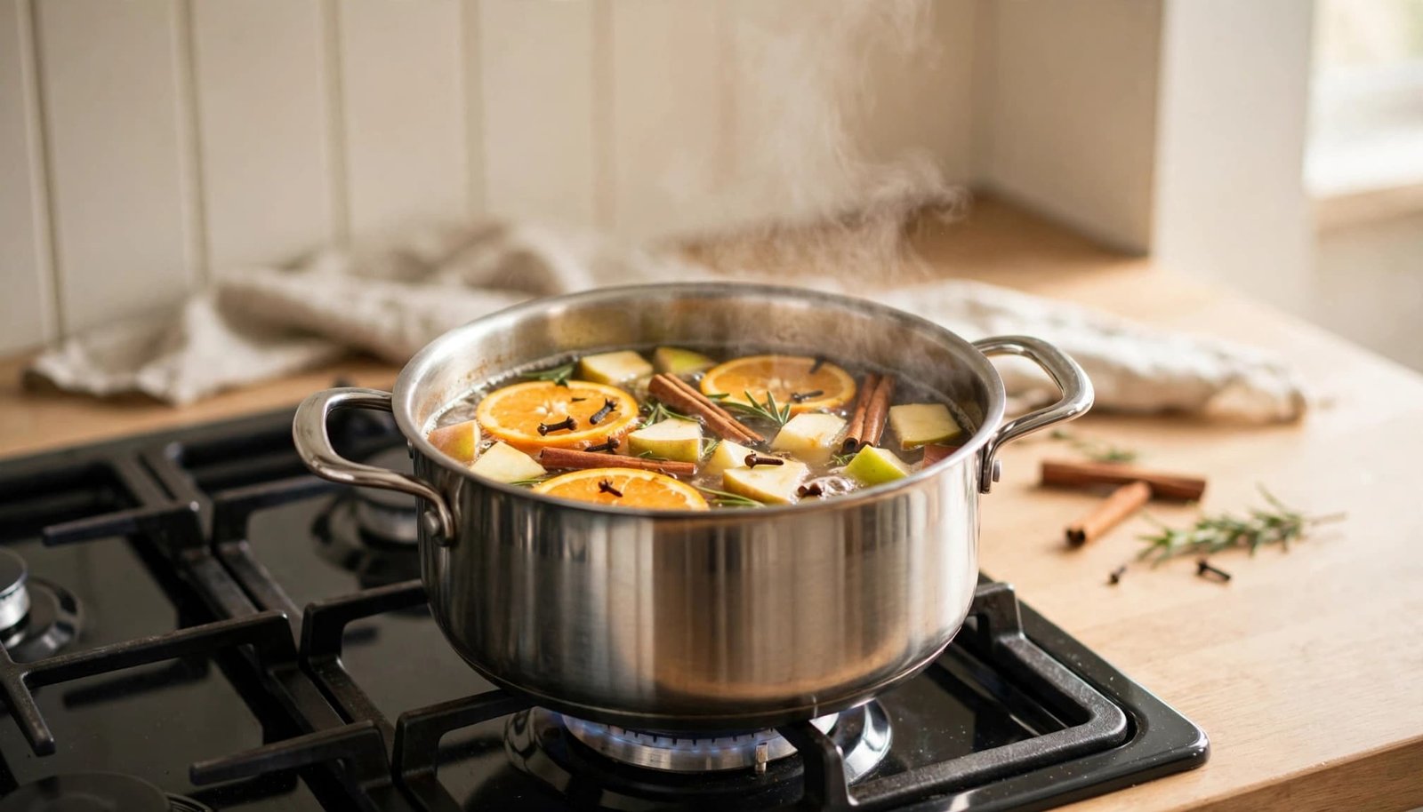 A saucepan simmers with citrus, apples, spices, and rosemary on a kitchen stovetop.