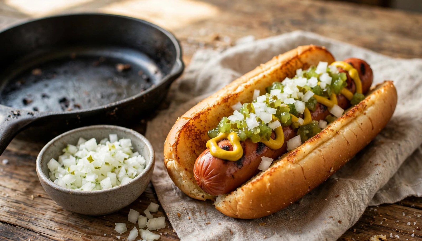 A topped hot dog sits beside a skillet and bowl of toppings.