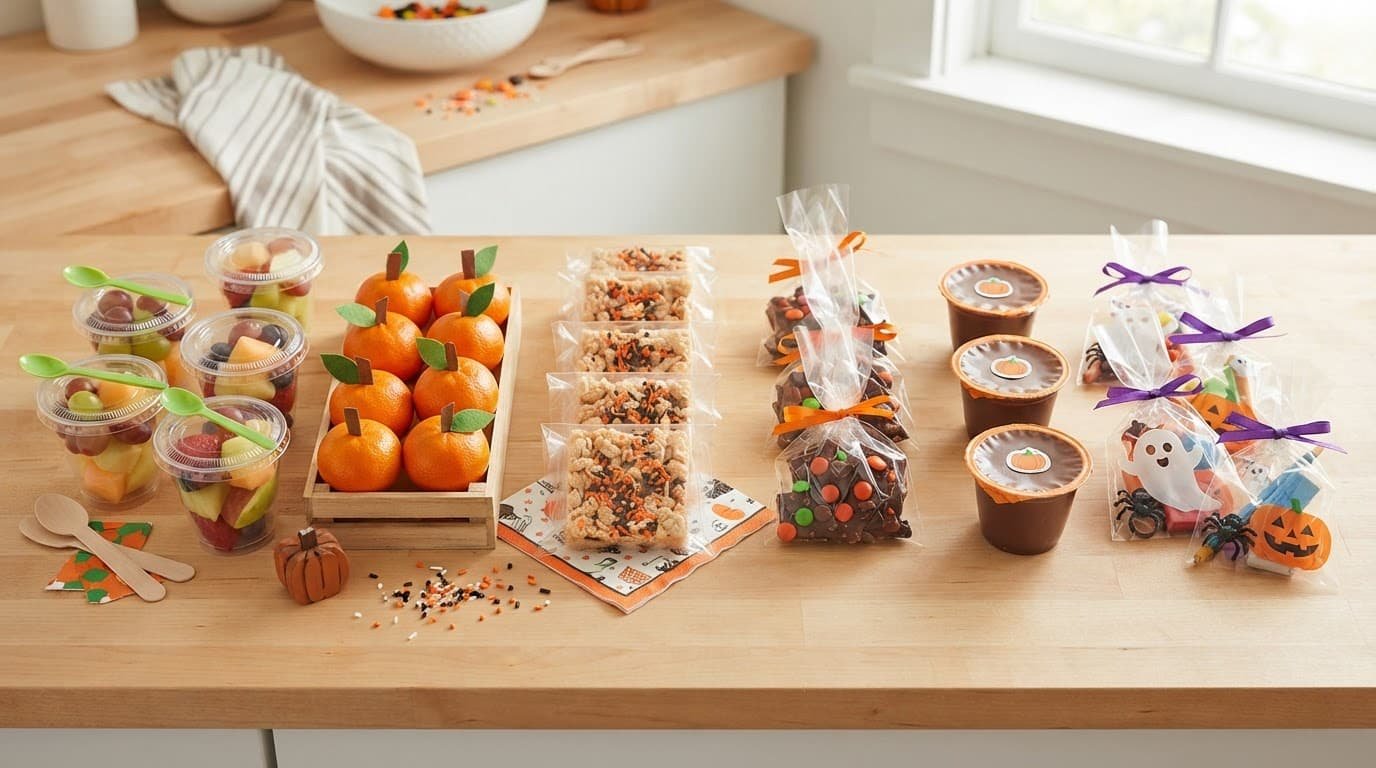 Halloween treats and non-food favors arranged in separate groups on a kitchen counter.