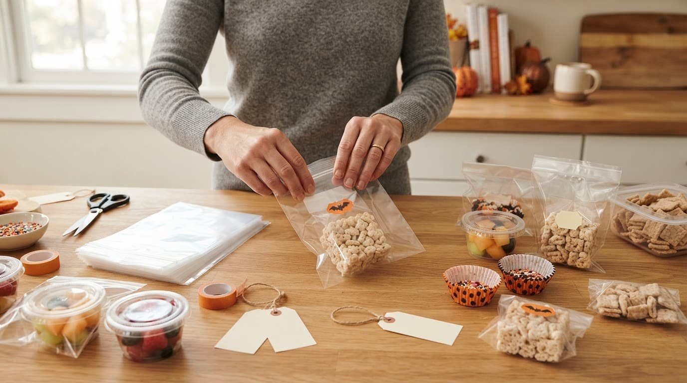 Two hands arrange packaged cereal treats and fruit cups on a clean kitchen counter.
