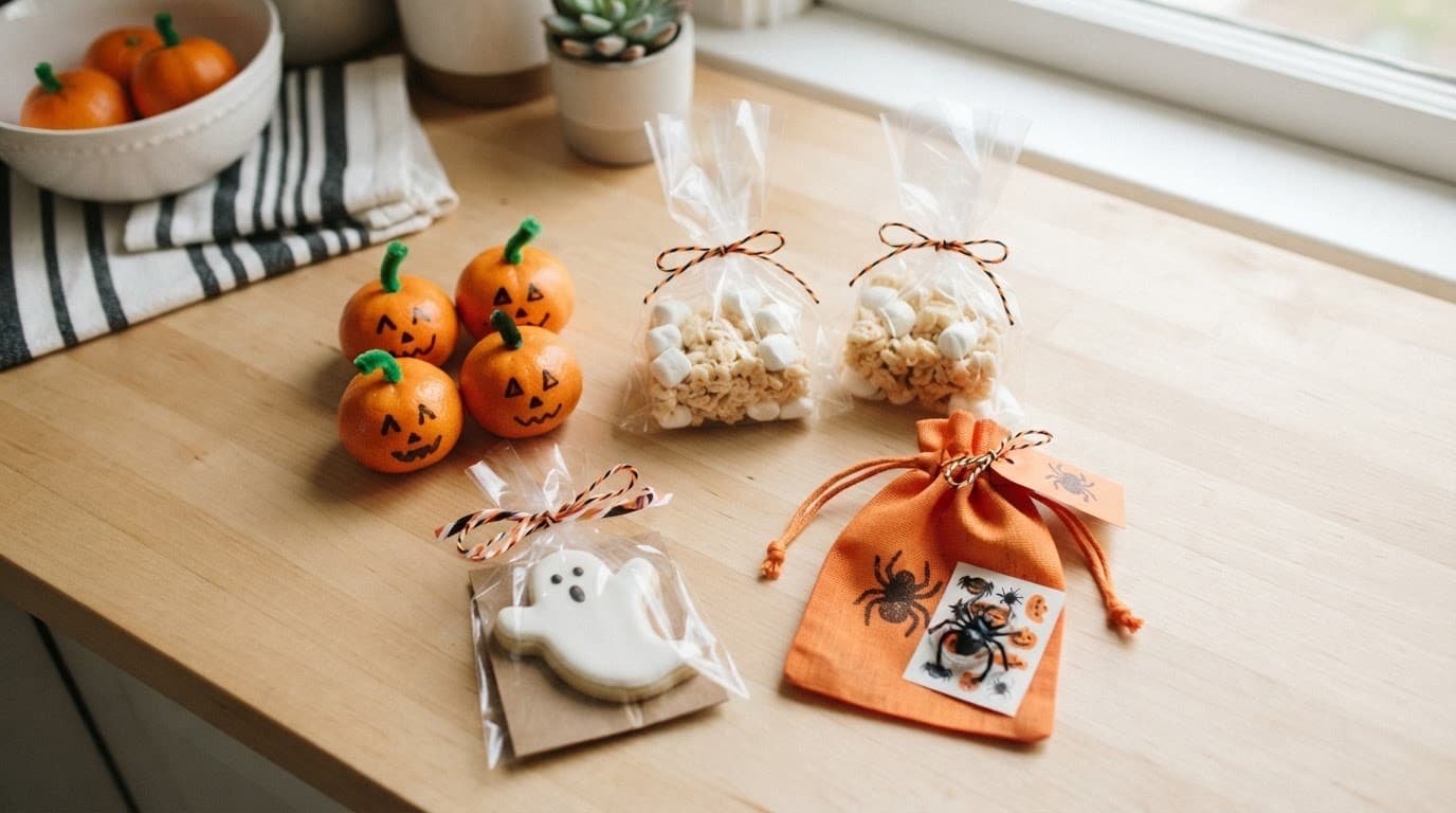 Packaged Halloween treats and a favor bag arranged on a kitchen counter.