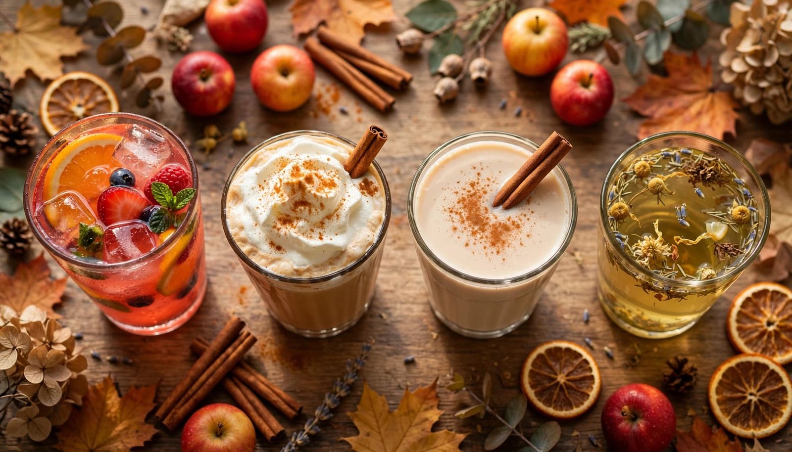 Four coffee-free fall drinks arranged on a cafe table with apples, cinnamon, and orange leaves.