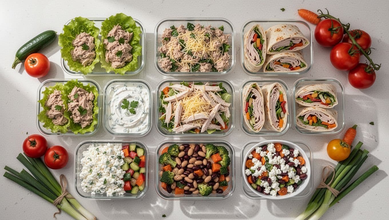 Ten colorful cold lunches sit in separate containers on a bright kitchen table.