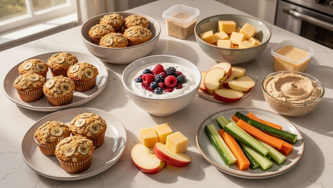 A colorful table holds muffins, fruit, cheese, vegetables, hummus, and yogurt snacks.