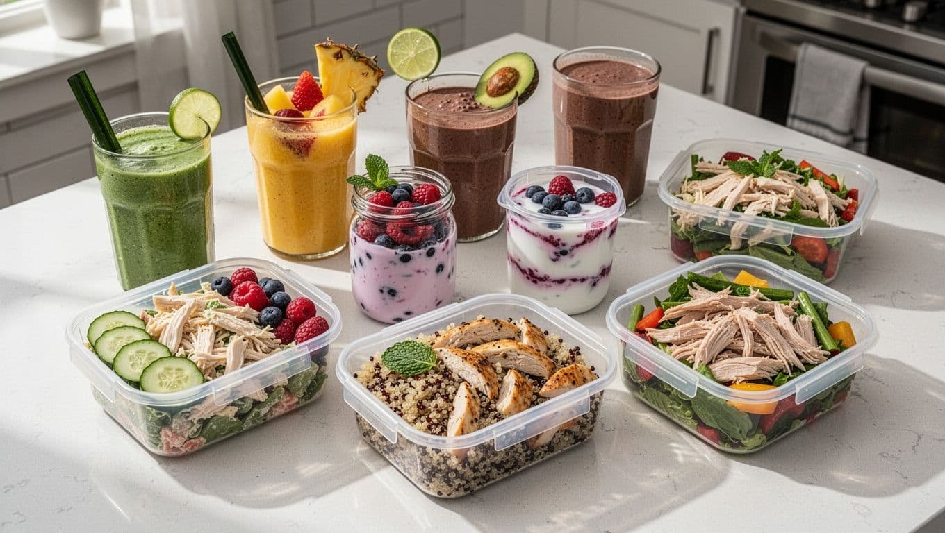Seven colorful meal-prep portions with smoothies, chicken dishes, and a turkey salad.