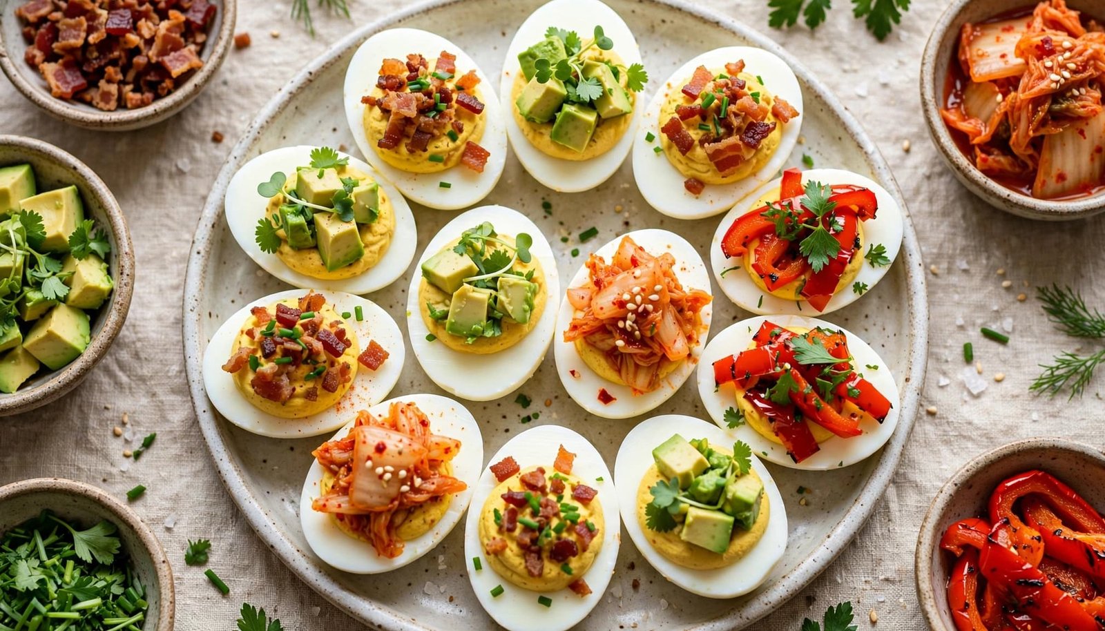 Deviled eggs with colorful toppings sit on a platter beside small garnish bowls.