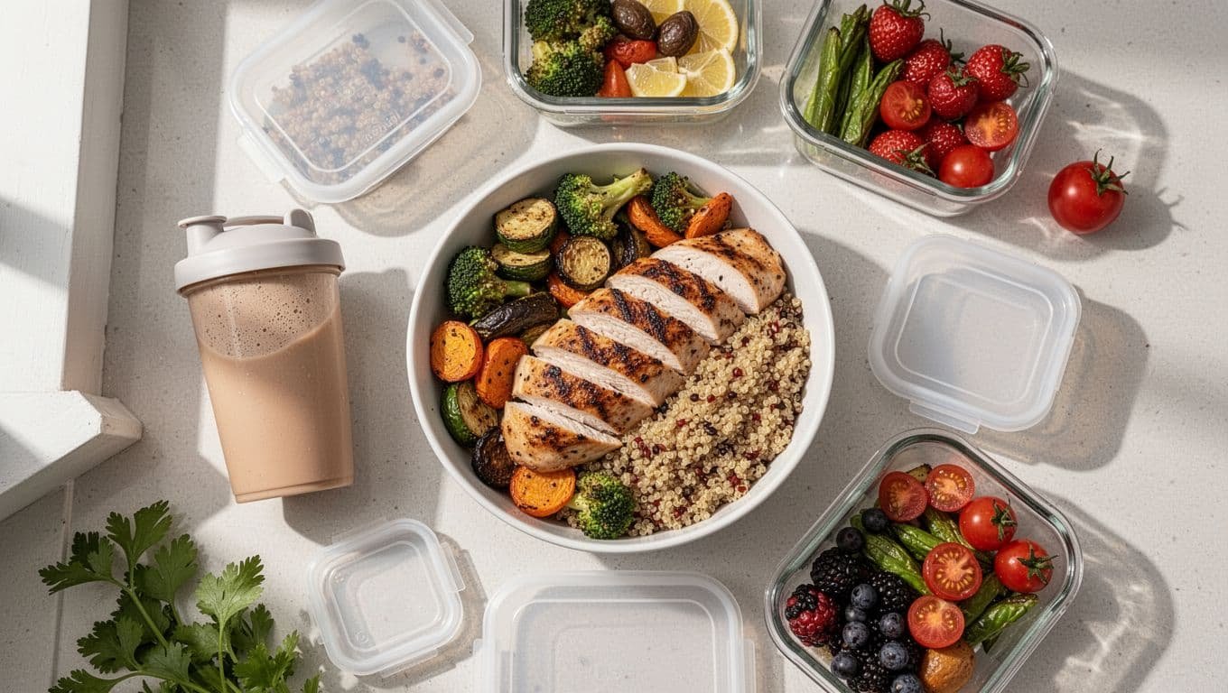 A balanced dinner bowl with chicken, quinoa, vegetables, and a small shake cup.