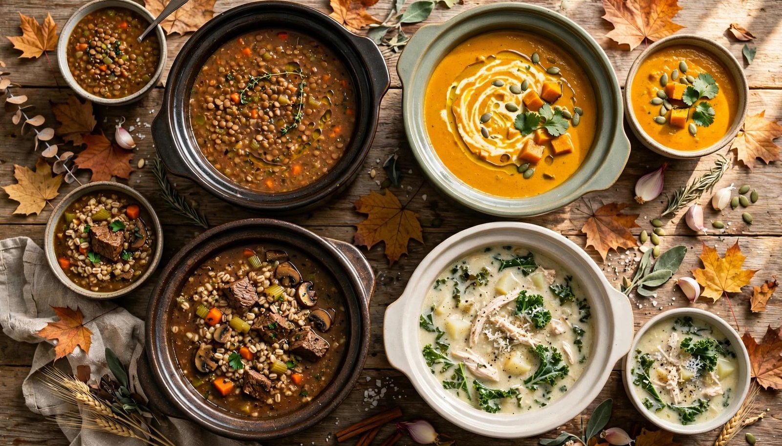 Colorful soups and stews in bowls on a farmhouse table with autumn leaves.