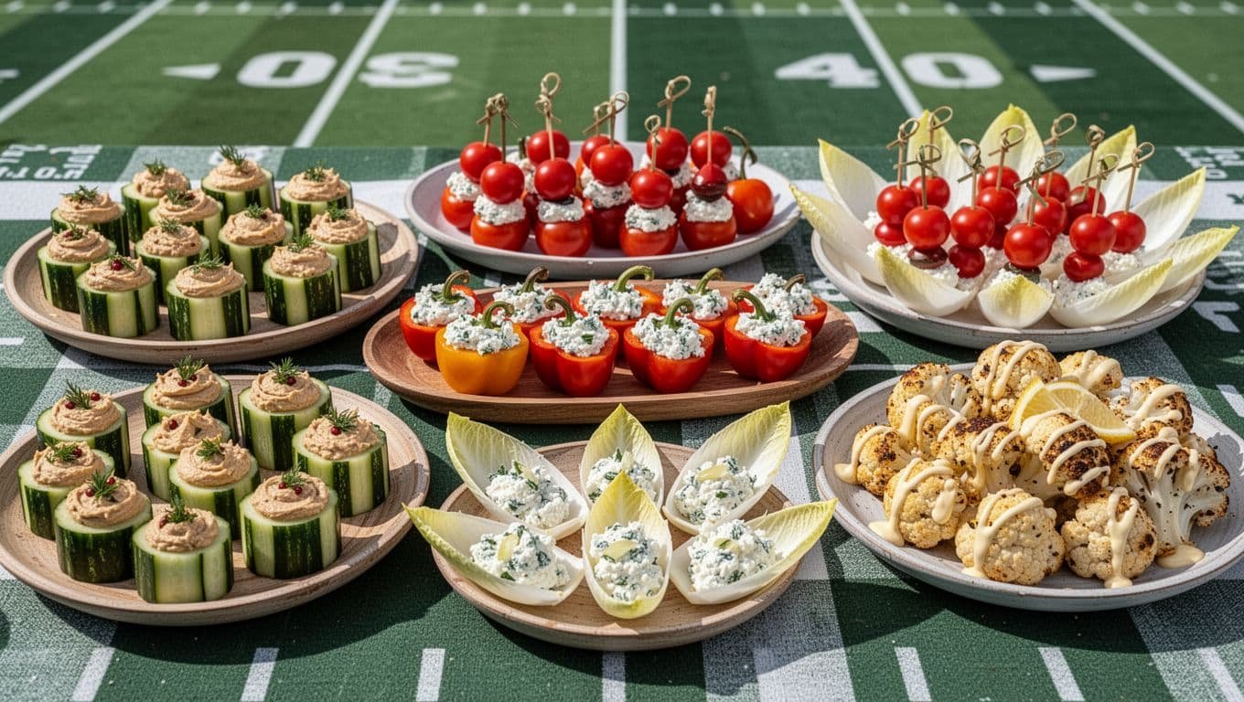 Five colorful vegetable appetizers arranged across a casual game-day table.