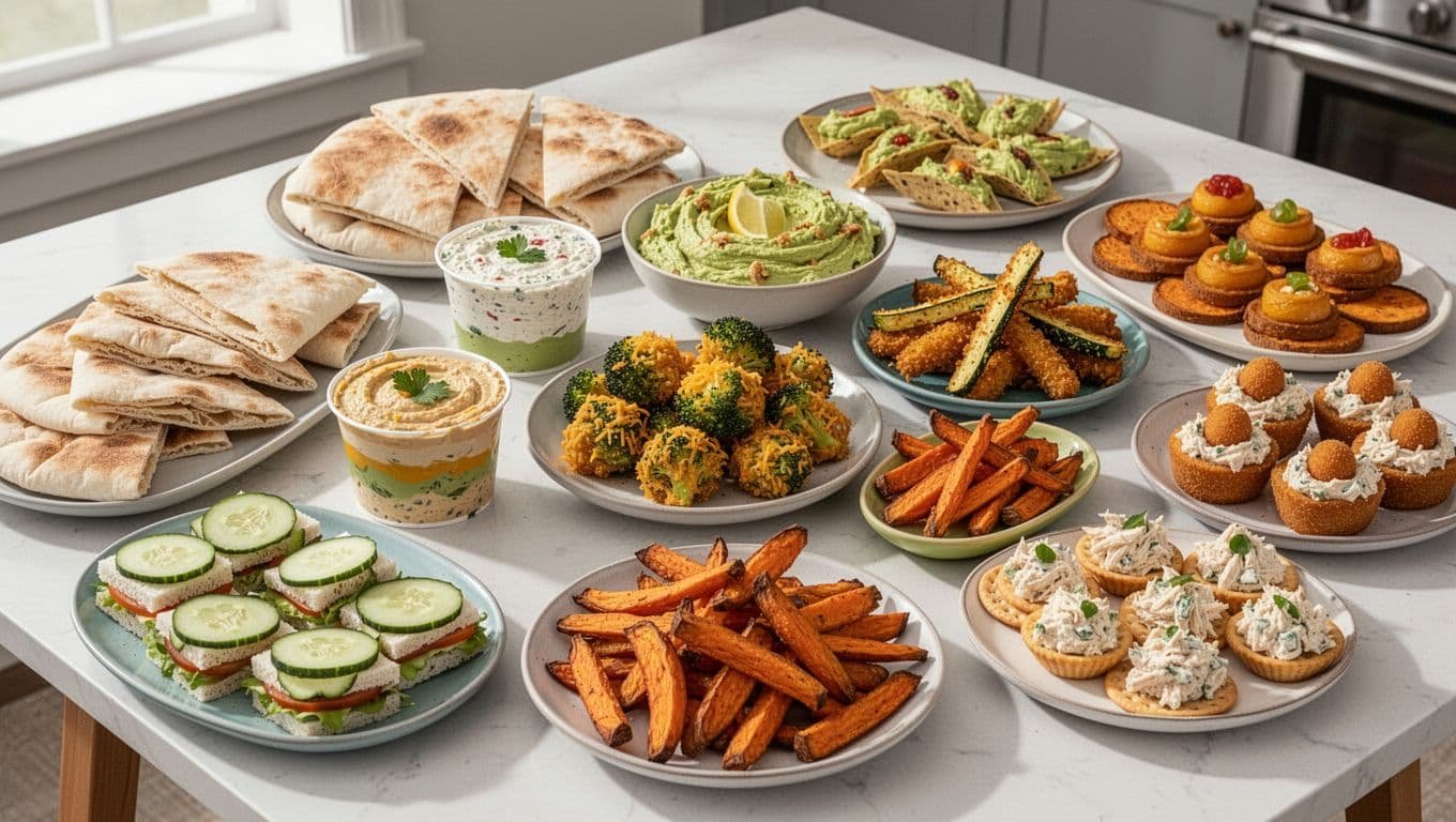 Colorful football snacks with dips, vegetables, sandwiches, and bite-sized treats on a low table.