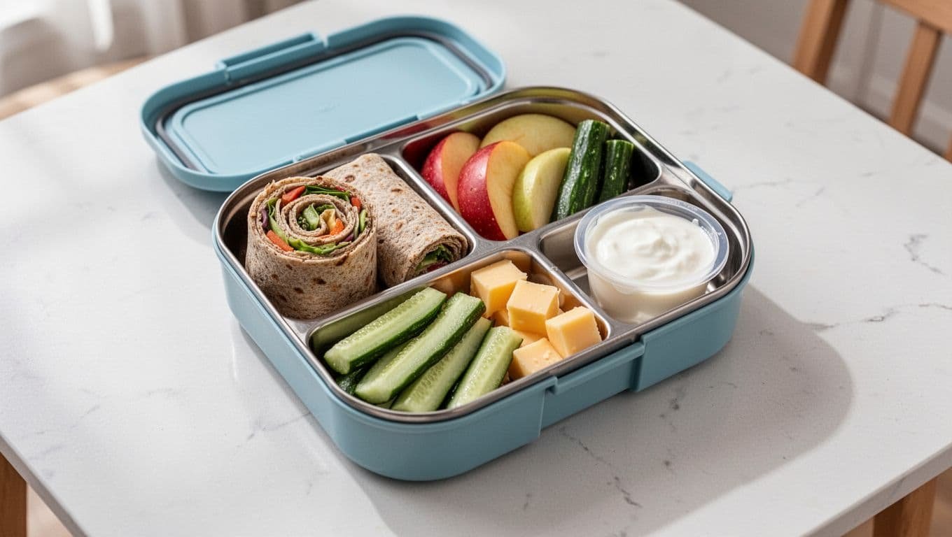 A colorful lunch box with a wrap, fruit, cucumbers, cheese, and yogurt.