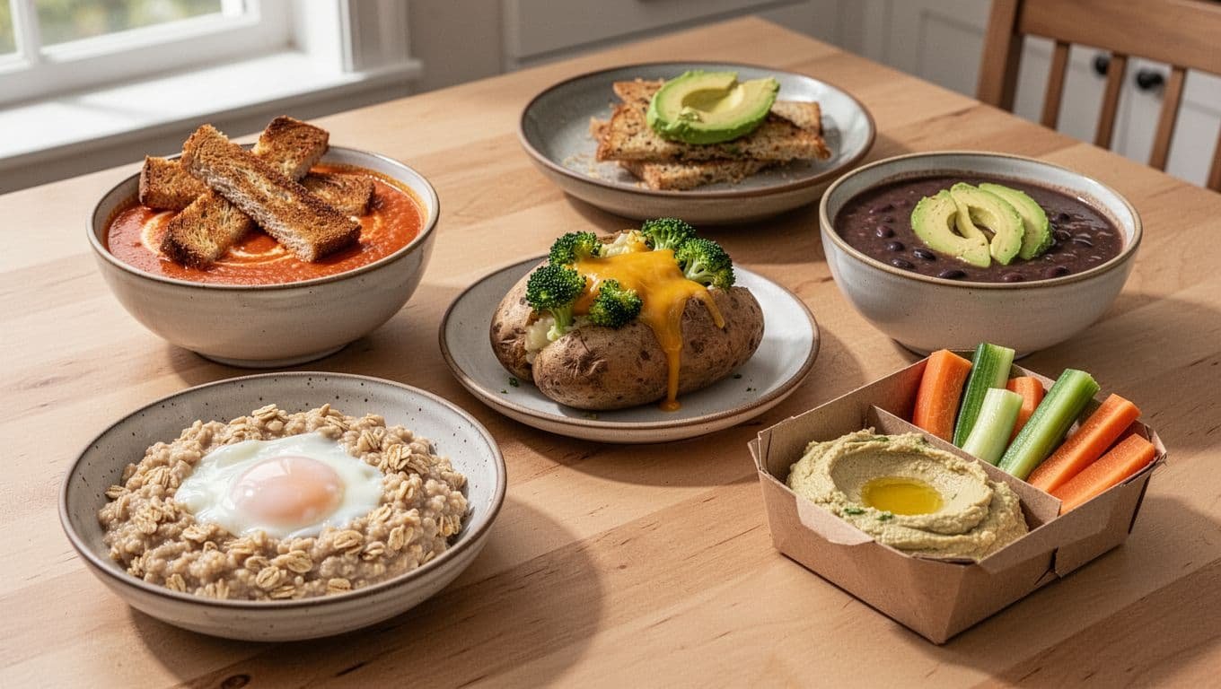 A colorful table spread with soups, cheesy vegetables, egg oatmeal, and hummus snacks.
