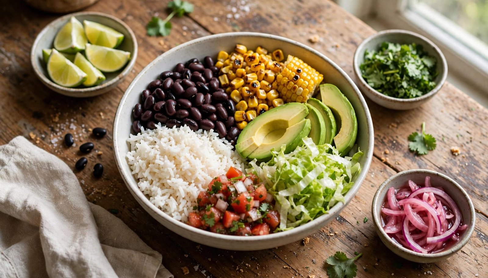 A colorful rice bowl with separated toppings on a kitchen table.