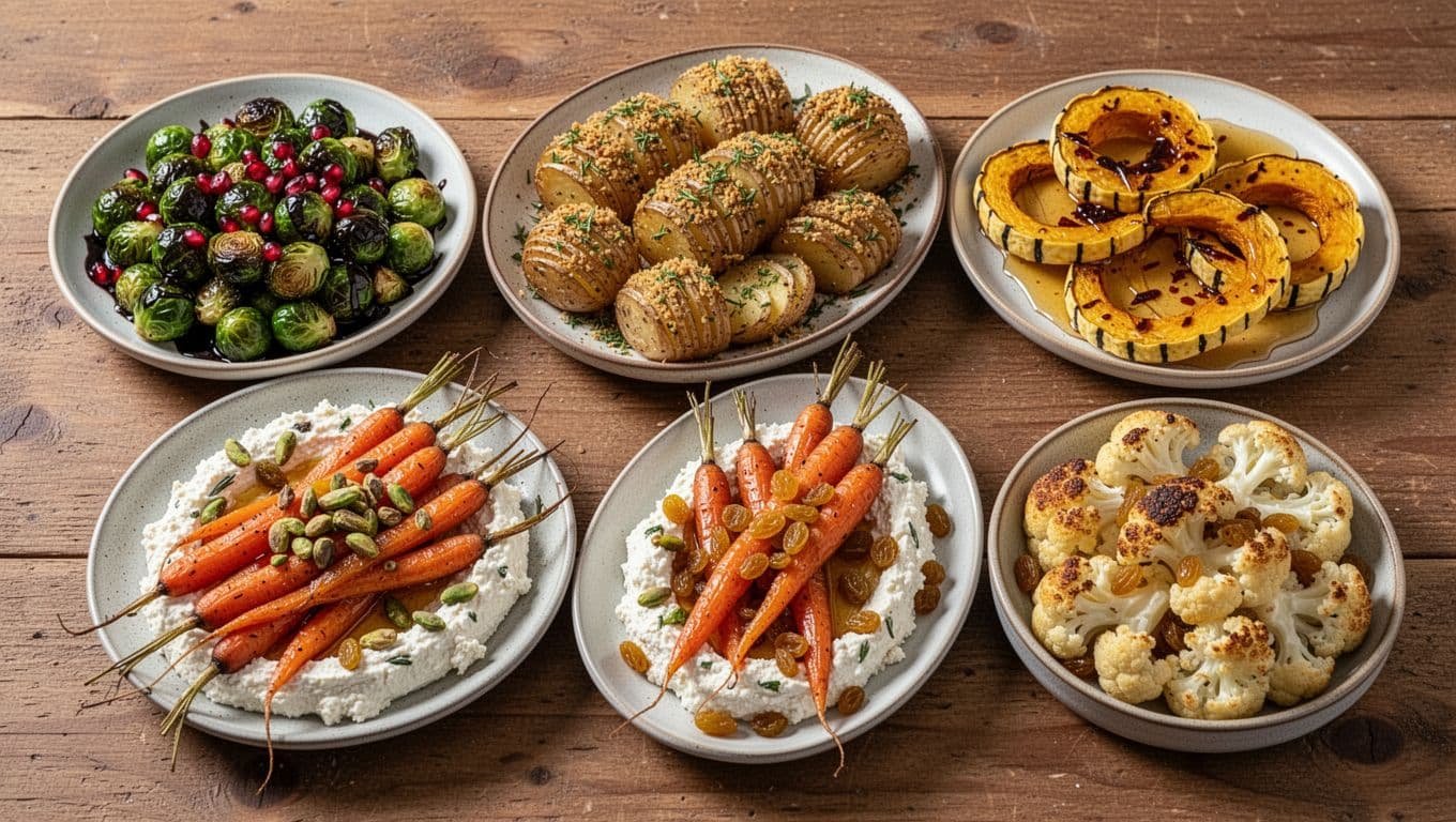 Five colorful roasted vegetable and potato side dishes arranged on a rustic table.