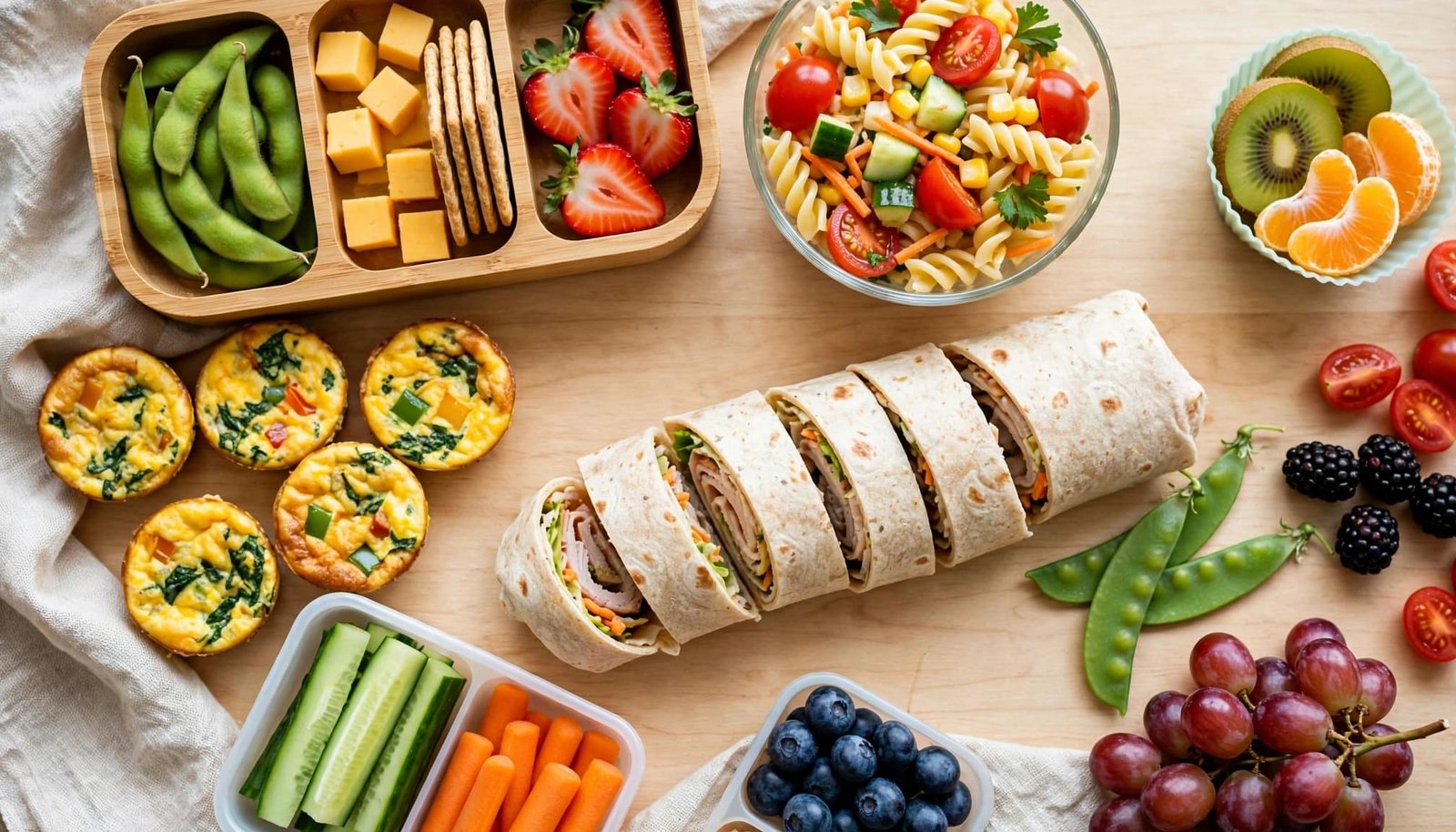 Colorful bento lunch with pasta salad, mini egg muffins, fruit, and vegetables.