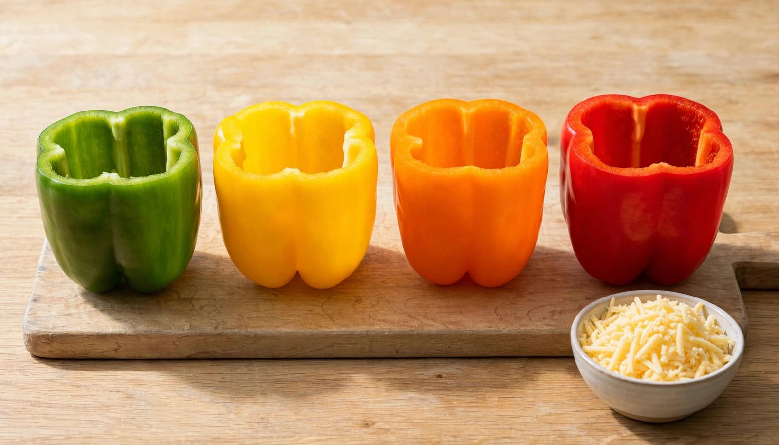 Four colorful hollow peppers stand beside a cutting board and shredded cheese.