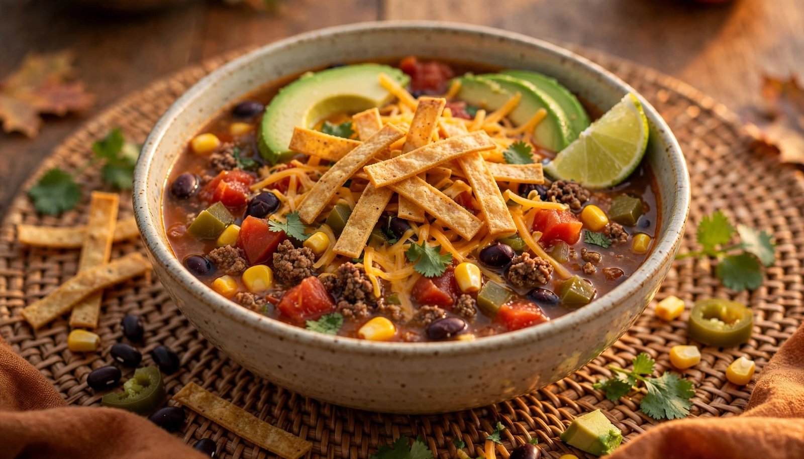 A bowl of taco soup topped with tortilla strips, avocado, lime, and cheddar.
