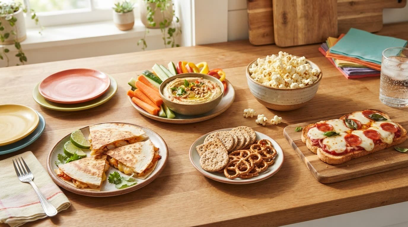 A colorful spread of quesadilla, hummus, vegetables, popcorn, crackers, and pizza toast on a kitchen counter.