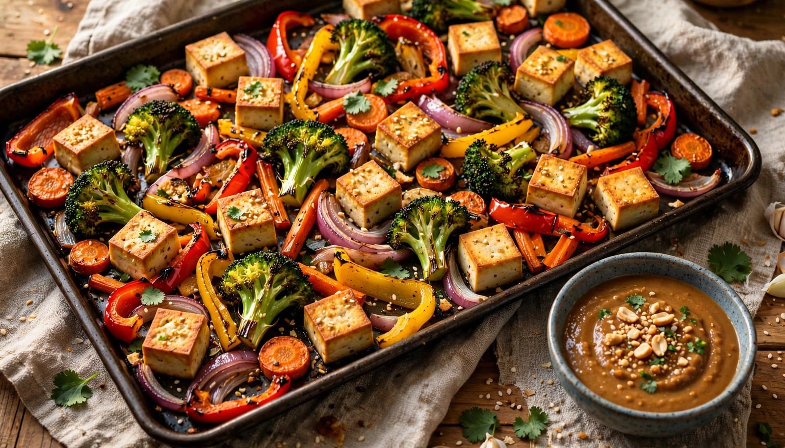 A sheet pan of tofu and roasted vegetables sits beside a bowl of peanut sauce.