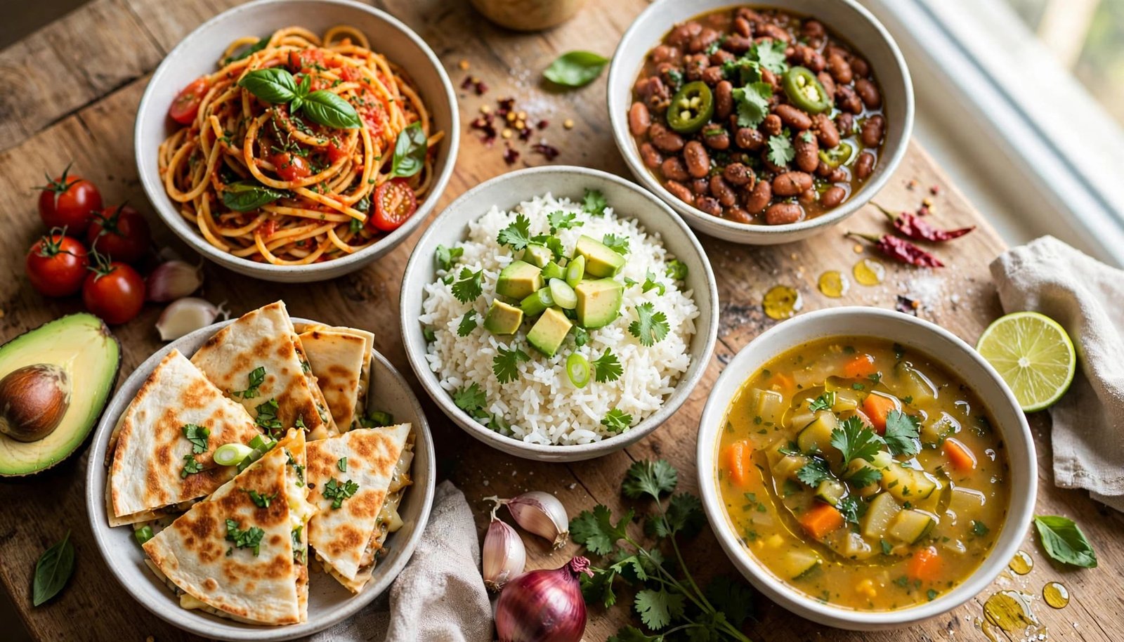Five bowls of pasta, beans, rice, soup, and quesadilla pieces on a kitchen table.