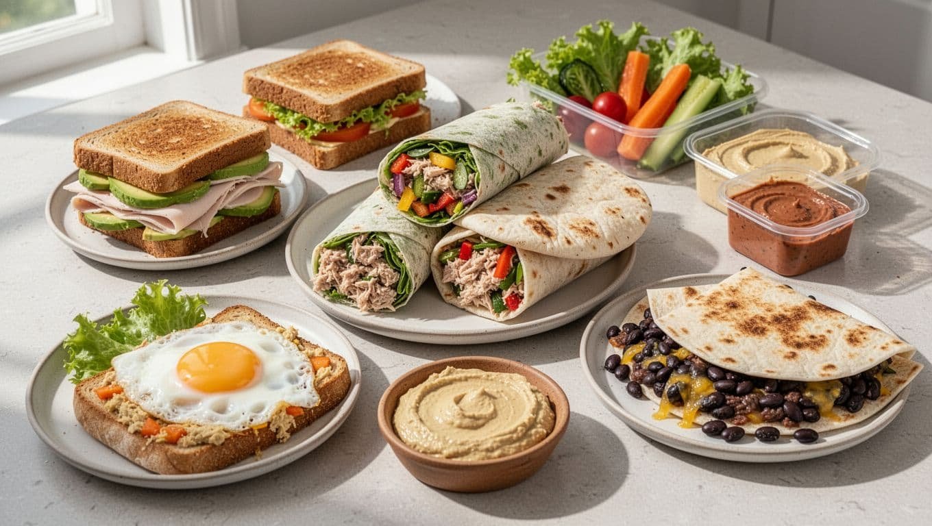 Assorted sandwiches, wraps, toast, and quesadilla arranged on a kitchen table.