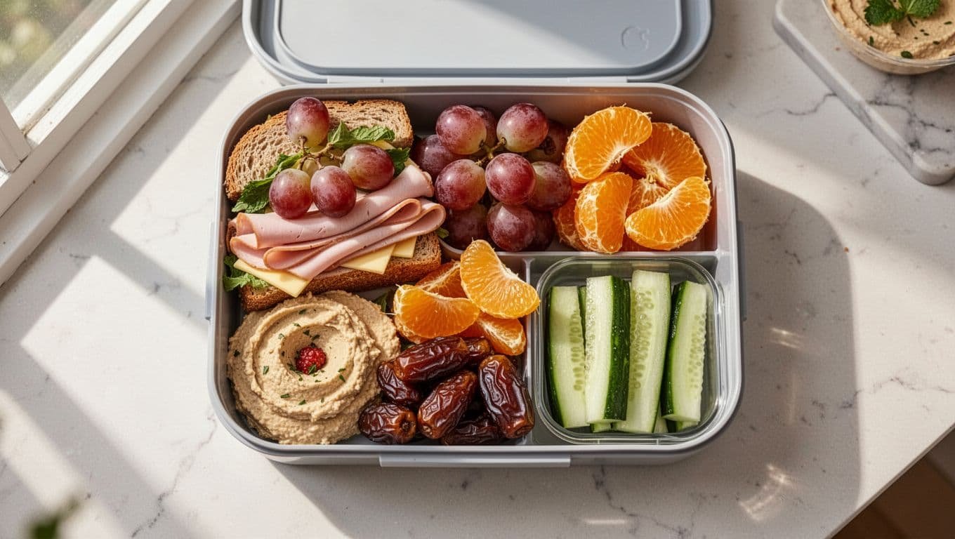 A lunchbox filled with a sandwich, fruit, cucumber sticks, and hummus.