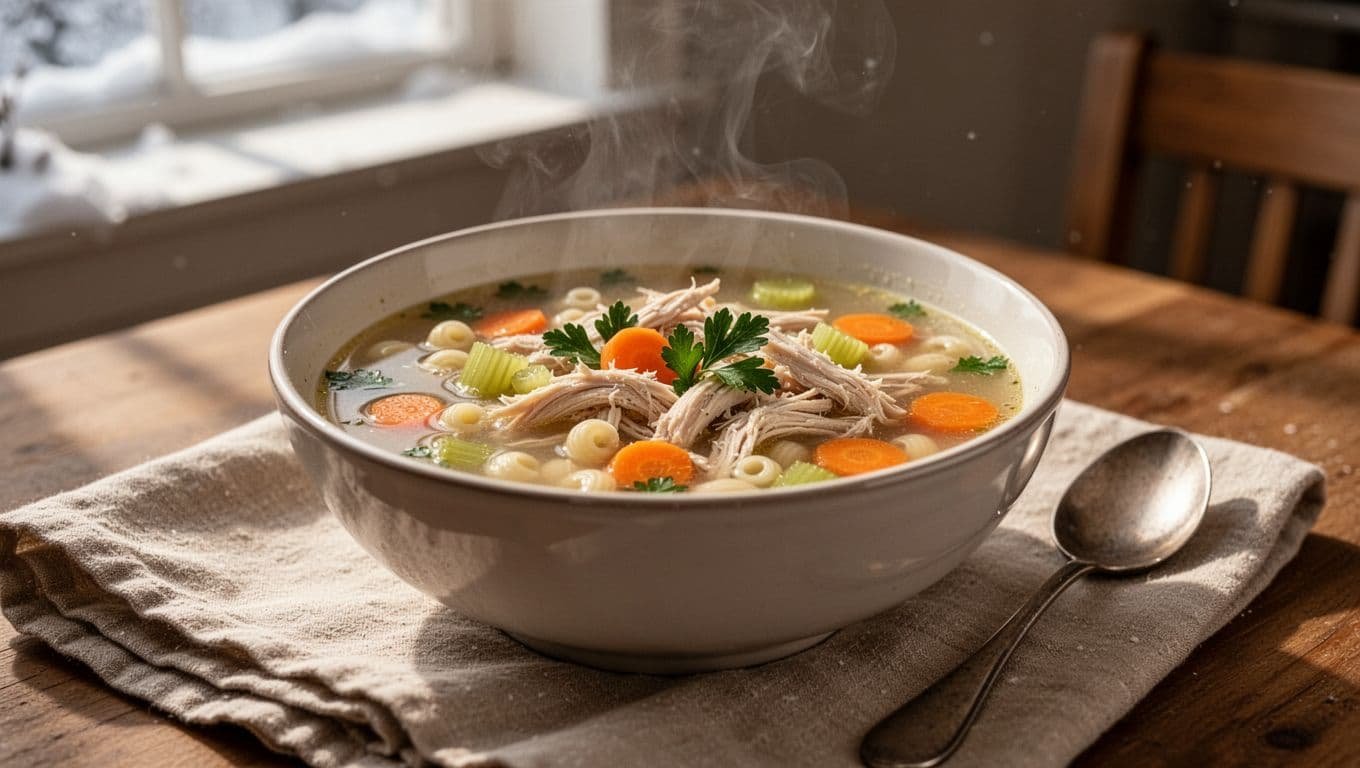Steaming chicken soup with pasta and vegetables on a cozy kitchen table.