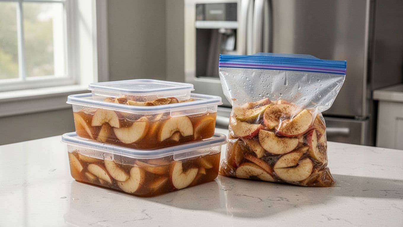 Cooled cinnamon apple filling in clear containers and a sealed freezer bag.