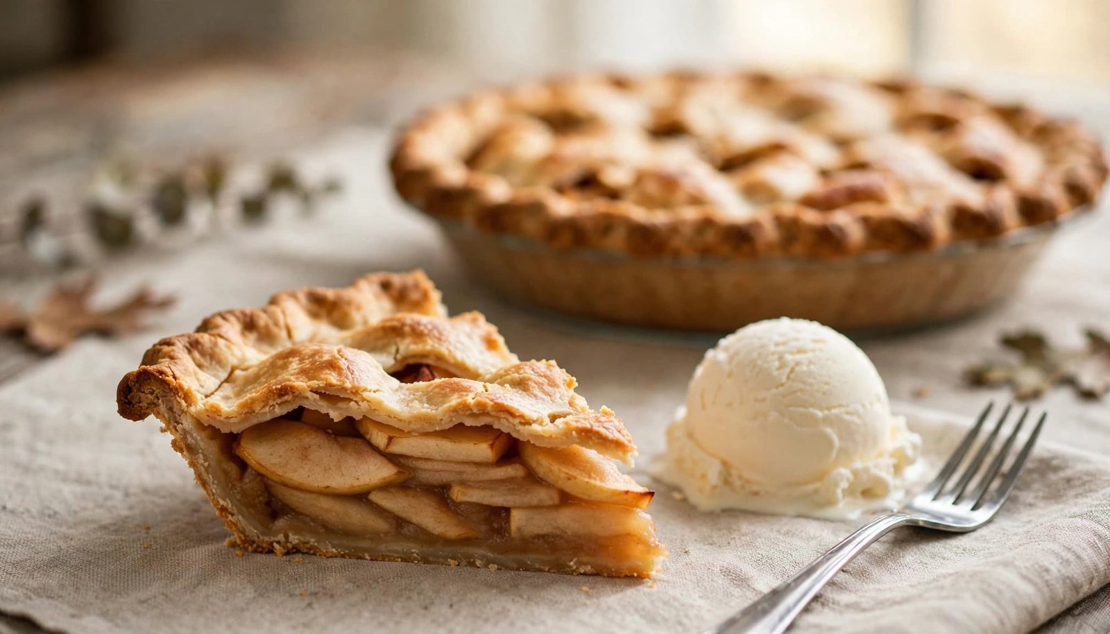 A cooled apple pie slice with vanilla ice cream in front of a whole pie.