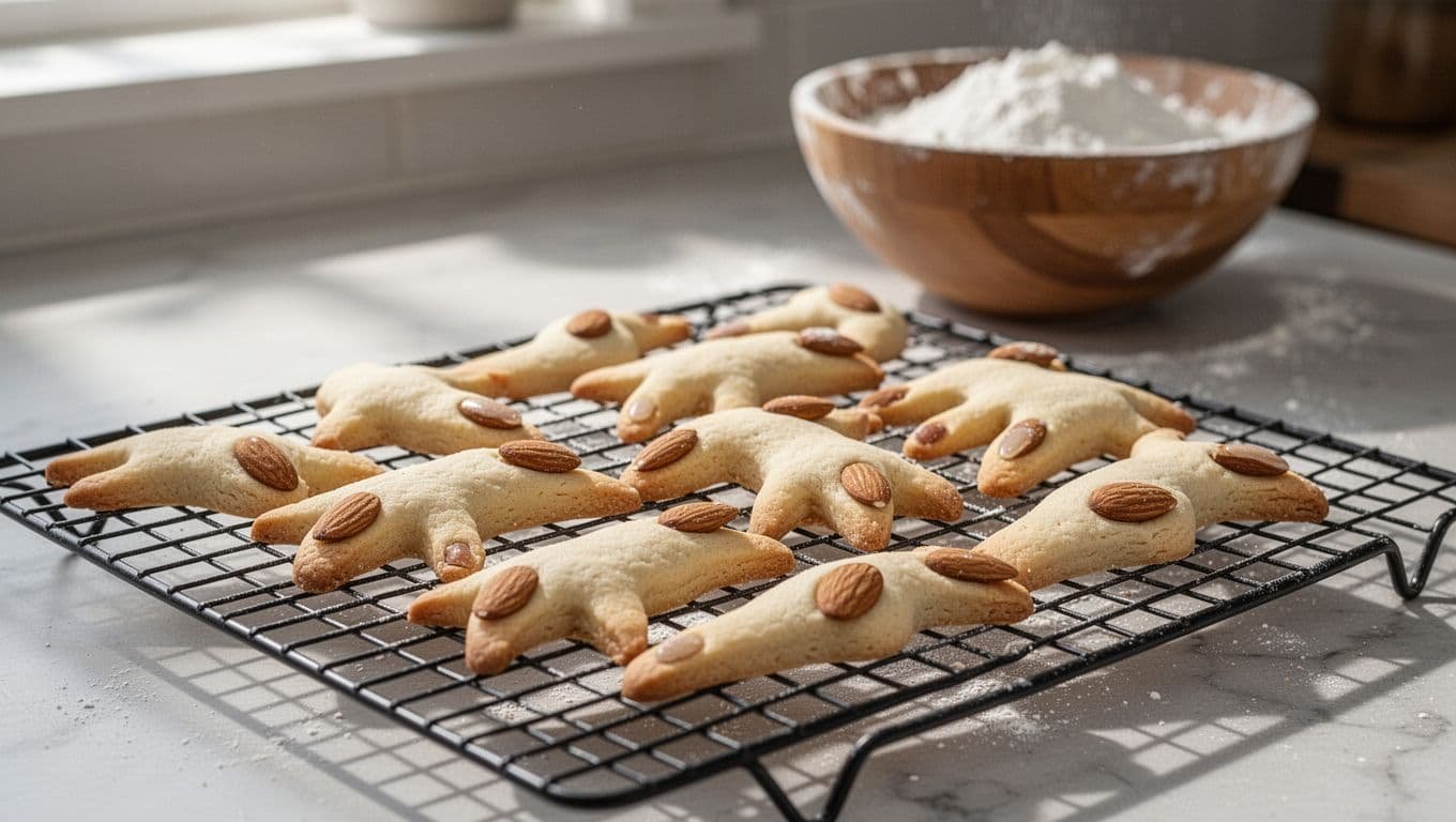 Pale witch finger cookies with almond nails rest on a cooling rack.