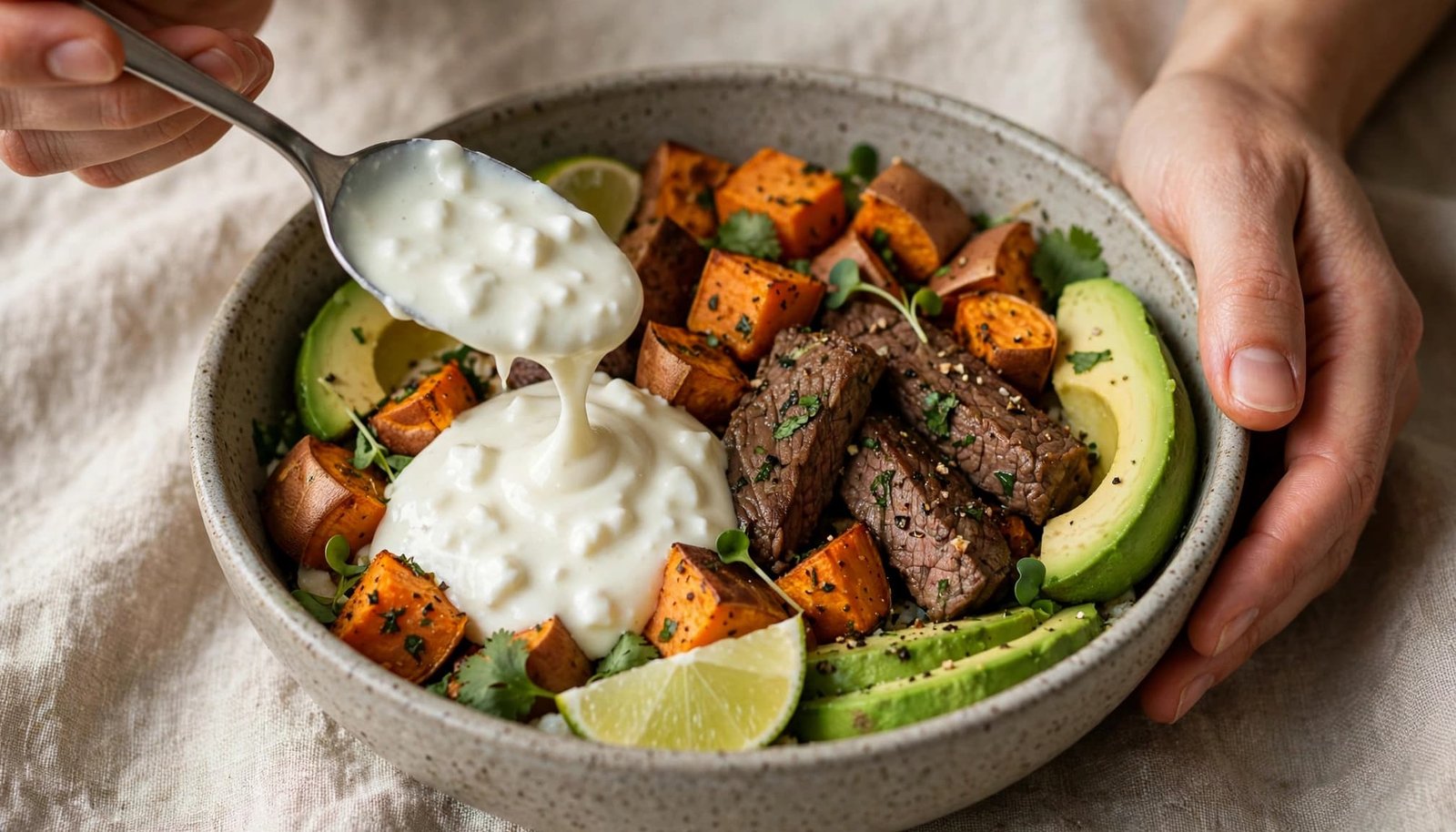 Hands spoon creamy cottage cheese sauce over a beef, sweet potato, avocado, and lime bowl.